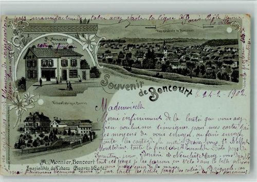 2926 Boncourt 1902 BOAKC Lithographie/Mondschein A. Monnier Boncours Geschäft Villa Fabrique Burrus Leim löst sich Gebrauchsspuren, bitte Scan genau beachten!