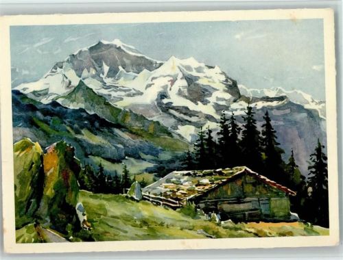 3801 Jungfraujoch Künstlerkarte Berghütte und Jungfrau