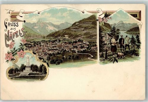 8752 Näfels Lithographie Denkmal Wanderer Verlag Künzli