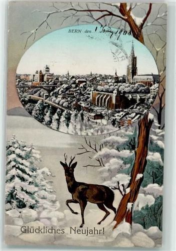3000 Bern Berne 1907 Lithographie Neujahrskarte Hirsch im Schnee