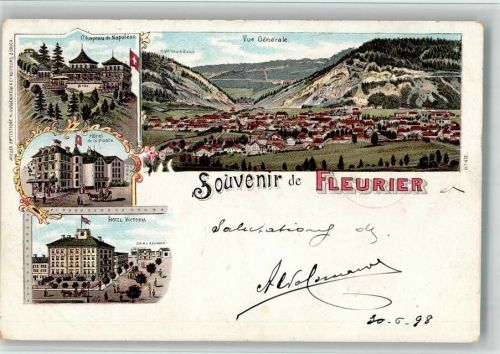 2114 Fleurier 1898 BOAKC Lithographie Chapeau de Napoleon Hotel de la Poste Hotel Victoria Bahnhof