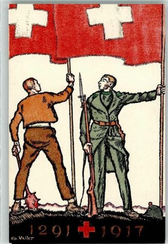 Bern Berne Bundesfeier Zwei Soldaten 1291 und 1917 unter Schweizer Fahnen sign. Vallet Für das Schweizer Rote Kreuz Bundesfeier Ganzsachen Schweiz 1917 Künstlerkarte