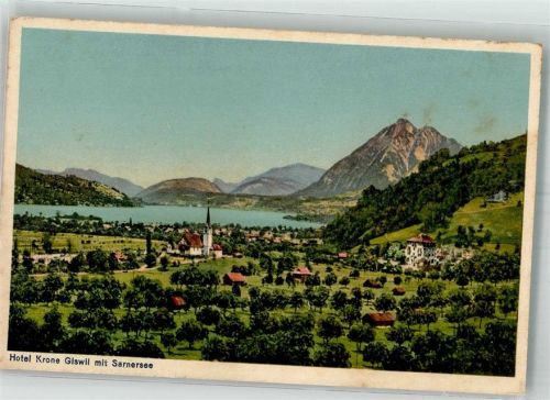 6074 Giswil Foto AK Hotel Krone Kirche Sarnersee Feldpost Strassenkom.
