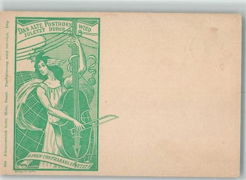 Das alte Posthorn wird durch einen Contrabass ersetzt Postgeschichte Postkutsche Schweiz 1903 Lithographie