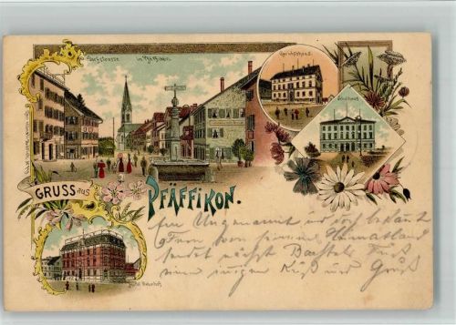 8330 Pfäffikon ZH 1897 BOAKC Lithographie Hotel Bahnhof Dorfstraße Gerichtshaus Schulhaus Verlag Künzli Nr 749 Bahnpost Nr 34