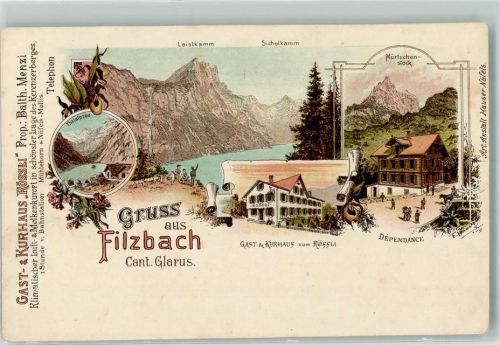 8757 Filzbach Lithographie Gasthaus zum Rössli Dependance