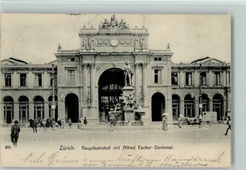 8000 Zürich 1906 - Hauptbahnhof mit Alfred Escher-Denkmal Pferdewagen