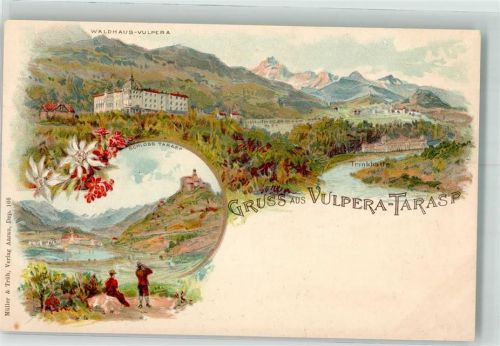 7553 Tarasp Lithographie Waldhaus Schloss Trinkhalle