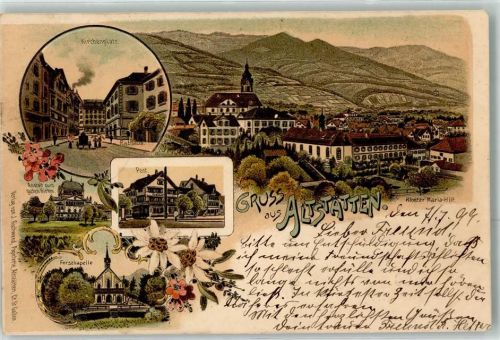 9450 Altstätten SG 1899 Lithographie Kirchenplatz Anstalt Zum guten Hirten Post Forstkapelle Kloster Maria-Hilf
