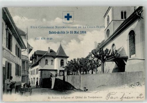 2024 St-Aubin NE 1904 Lithographie Hotel Kirche Apotheke