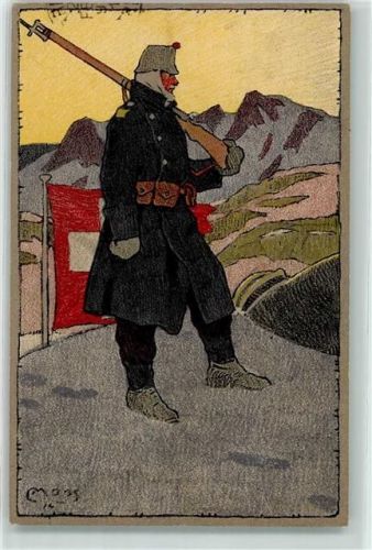 1915 Künstlerkarte Winter Schweizer Grenzbesetzung Soldat Uniform Fahne sign. Moos Ort lt. Stempel