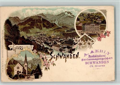 3657 Schwanden Sigriswil 1901 BOAKC Lithographie Schulhaus Kath. Kirche
