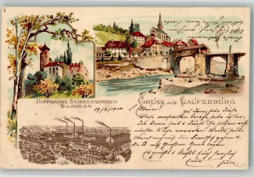 5080 Laufenburg 1900 Lithographie Kirche Brücke Werbung Hoffmanns Stärkefabriken Salzuflen