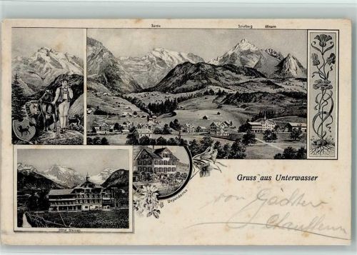 9657 Unterwasser Lithographie Säntis Schafberg Altmann Hotel Sternen Dependence