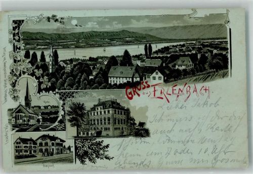 8703 Erlenbach ZH 1899 Lithographie Kirche Hotel Kreuz Bahnhof