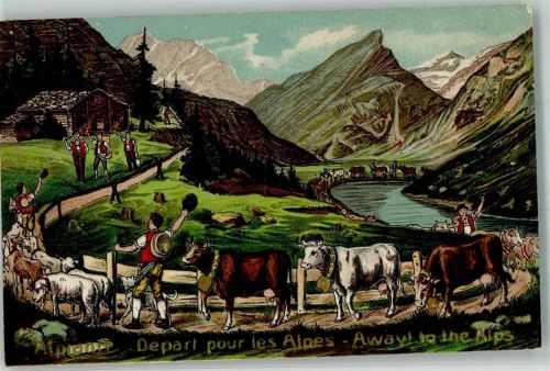Gebrauchsspuren Prägedruck Alp Auftrieb Depart pour les Alpes Away to the Alps Verlag Guggenheim Nr. 13820