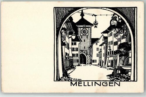 5507 Mellingen Künstlerkarte Turm Tor Uhr Brunnen sign. MS 1914