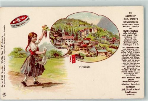 1925 Finhaut Lithographie Frau Tracht Werbung Apotheker Rich. Brandts Schweizerpillen Serie VII Kanton Wallis Nr. 2