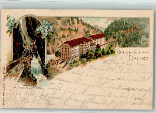 7312 Pfäfers 1899 Lithographie Taminaschlucht Gorge de la Tamina Hotel & Bad Pfäfers