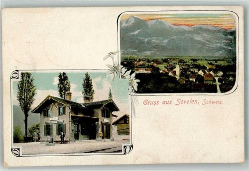 9475 Sevelen 1906 Foto AK Bahnpost Zug 2552 Nr. 25 Bahnhof Kirche