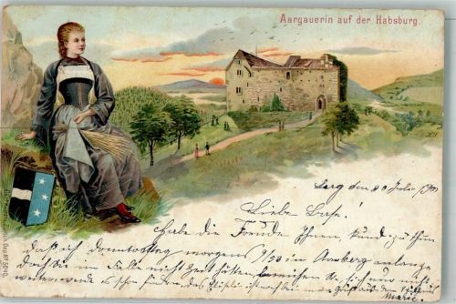 5245 Habsburg 1900 Lithographie Burg Habsburg Tracht Aargauerin Wappen