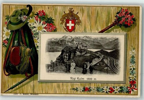 Rigi Kulm 1912 Lithographie / Prägedruck Rucksack Wanderhut Wappen Wanderstock Passepartout Nr.2301