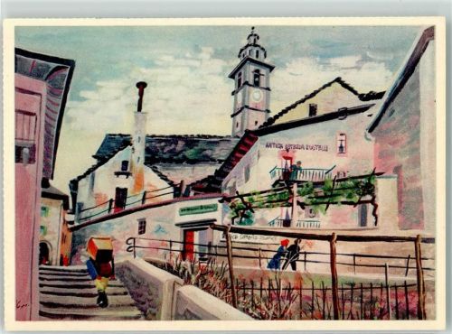 6655 Intragna 1952 Künstlerkarte Antica Osteria Rustelli mit Kirche San Gottardo sign. F.Krumenacher