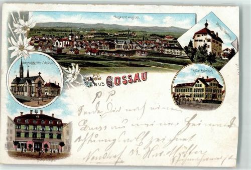 9200 Gossau SG 1899 Gebrauchsspuren Schutzengelkirche Hotel Ochsen Hotel Bahnhof Schloss Oberberg Lithographie