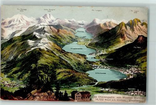 Muottas Muraigl 1907 - Vogelschau 3 Seen Alpenkette