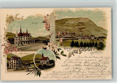 6410 Goldau 1899 BOAKC Lithographie Bahnhof Hotel Steiner Kirche Verlag Künzli Nr 1955