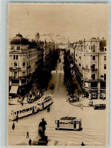 8000 Zürich 1936 Foto AK Straßenbahn Denkmal Geschäft Bahnhofstrasse