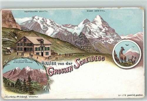 Grosse Scheidegg Gebrauchsspuren Wetterhorn Eiger Lithographie Verlag Schlumpf Nr. 178