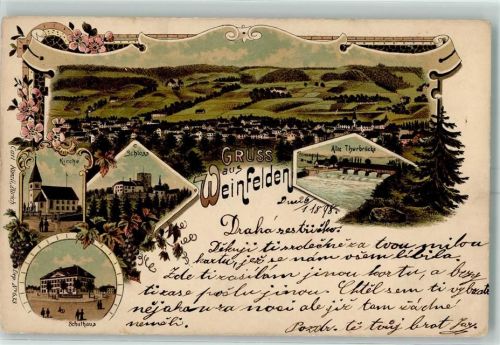 8570 Weinfelden 1898 Lithographie Kirche Schloss Schulhaus Alte Thurbrücke