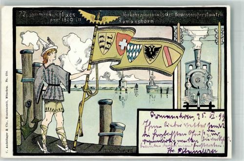 8590 Romanshorn 1899 Gebrauchsspuren Zusammenkunft d. Verkehrspersonals d.Bodenseestaaten Lithographie beschnitten
