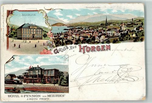 8810 Horgen 1902 Gebrauchsspuren Hotel Pension Zum Meierhof J. Roth Secundärschule Lithographie