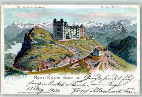 Rigi Kulm Lithographie / Künstlerkarte Bergbahn sign C. Steinmann Schweizer Künstlerkarten Serie Vierwaldstättersee