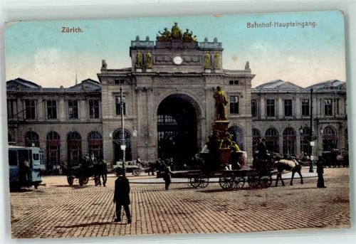 Zürich Bahnhof-Haupteingang Pferdewagen Tram ohne Stempel Bahnhof Schweiz Gebrauchsspuren