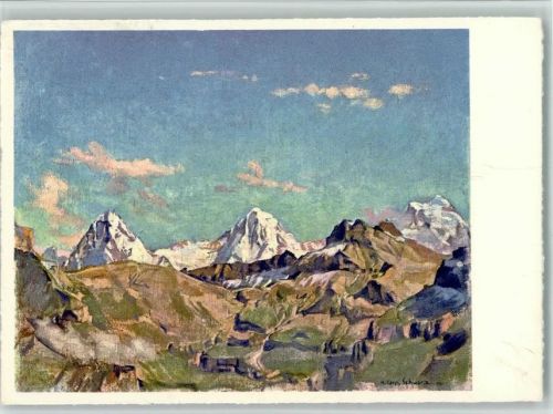 Eiger Grindelwald Künstlerkarte Hans Kasp Schwarz Adliswil bei Zürich Eiger Mönch Jungfrau über Kiental mittags Gehrihornseite