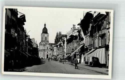 1110 Morges 1934 Foto AK Geschäft Kirche La Grande Rue