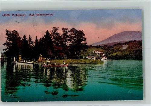 8805 Richterswil 1920 Gebrauchsspuren Insel Schönenwerd, Ruderboote mit Touristen