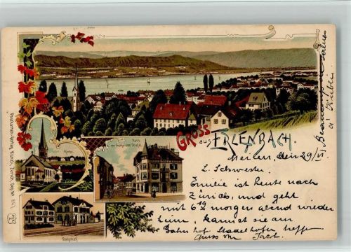8703 Erlenbach ZH 1900 BOAKC Lithographie Kirche Haus Geschwister Stiefel Bahnhof Verlag Künzli Nr 867