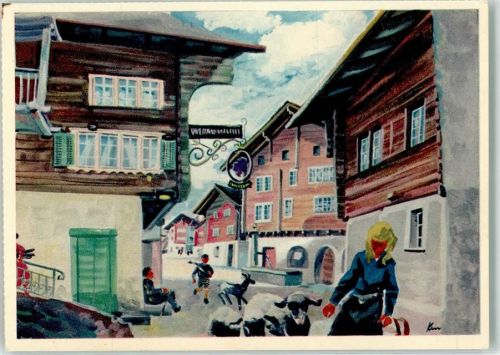 3995 Ernen 1952 Künstlerkarte Schaftrieb durchs Dorf sign. F.Krumenacher