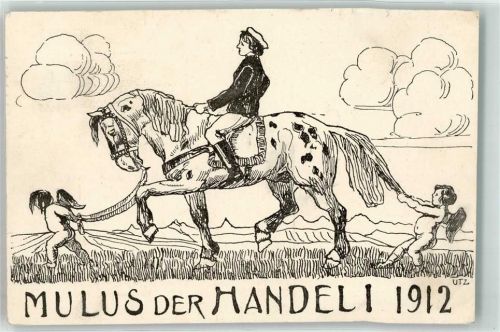 1912 Gebrauchsspuren Mulus der Handeli 1912 Pferd Engel Künstlerkarte Studentika