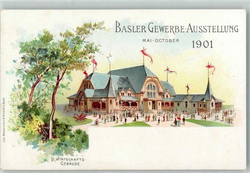 4000 Basel Bâle 1901 Lithographie Basler Gewerbeausstellung Wirtschafts-Gebäude