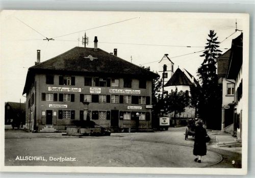 4123 Allschwil Neuallschwil Foto AK Tankstelle Shell Bier Bartz Gasthaus zum Rössli Hotel