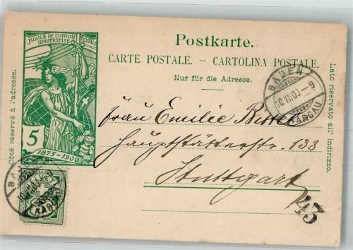 Baden 25. Jubiläums Feier des Weltpostvereins 1875-1900 Helvetia 1900 Ganzsache