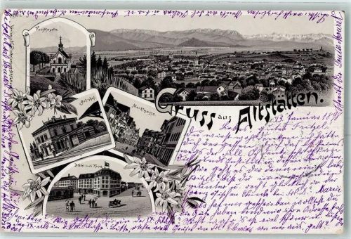 9450 Altstätten SG 1898 Lithographie Forstkapelle Bahnhof Hotel Drei König Marktgasse