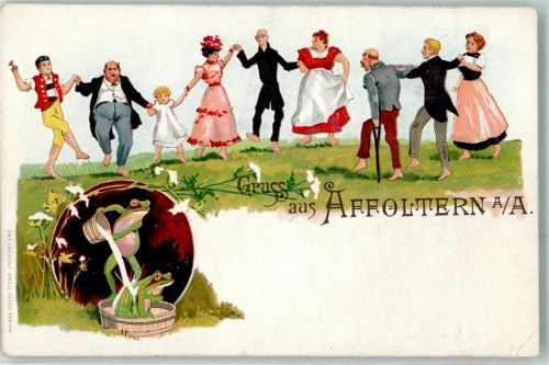 3416 Affoltern im Emmental Gebrauchsspuren Tanz Frösche Bad Tiere vermenschlicht Lithographie