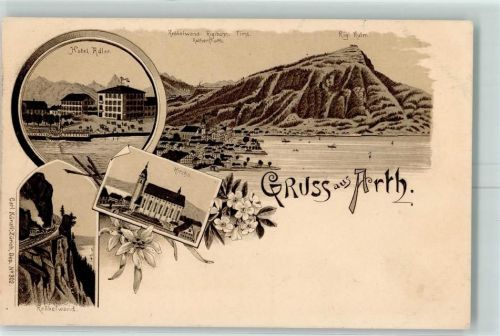 6415 Arth Gebrauchsspuren Hotel Adler Kräbelwand Rigibahn First Rothenfluh Rigi-Kulm Kirche Kräbelwand Lithographie