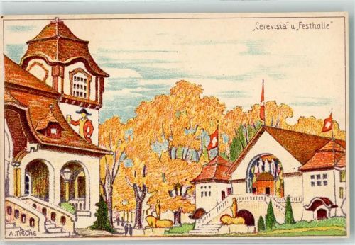 Bern Berne 1914 Künstlerkarte Landesausstellung Cerevisia und Festhalle sign. A.Tieche Offizielle Künstlerpostkarte No.5